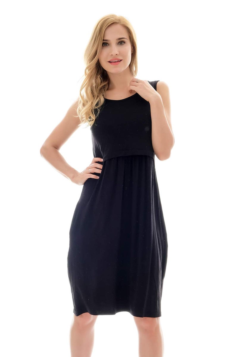 Bearsland Women's Sleeveless Maternity Dress Nursing Breastfeeding Dresses with Pockets Black - Image 3